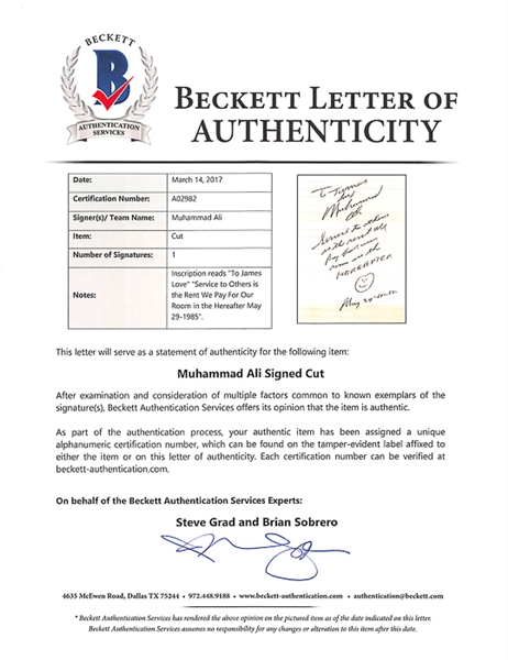 Muhammad Ali Signed & Inscribed Letter - Beckett LOA