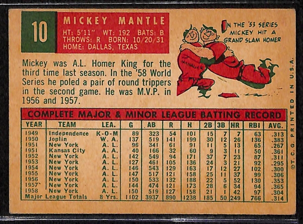 1959 Topps #10 Mickey Mantle Card