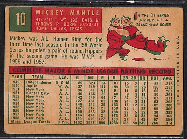 1959 Topps #10 Mickey Mantle Card