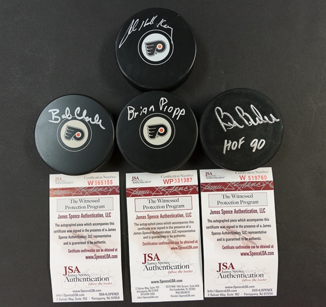 Lot Of 4 Flyers Signed Hockey Pucks w. Clarke & Barber - JSA