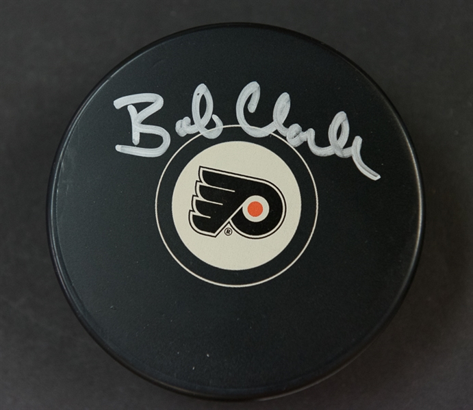 Lot Of 4 Flyers Signed Hockey Pucks w. Clarke & Barber - JSA