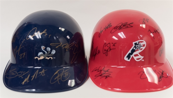 Lot Of 2 Reading Phillies Team Signed Helmets (2012-2013) w. Maikel Franco
