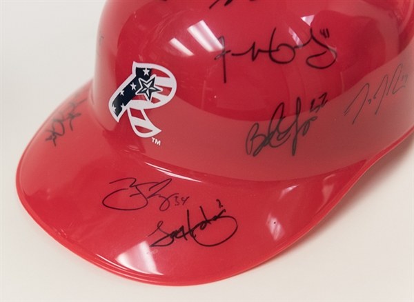 Lot Of 2 Reading Phillies Team Signed Helmets (2012-2013) w. Maikel Franco