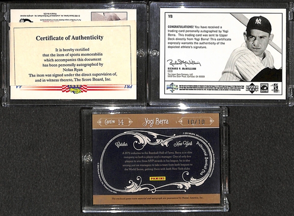 Lot Of 3 Certified Autograph Cards - (1) Nolan Ryan & (2) Yogi Berra