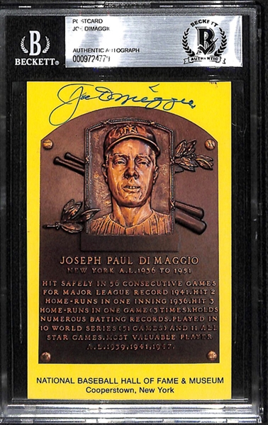 Joe DiMaggio Signed Hall Of Fame Plaque Post Card - Beckett Authentic