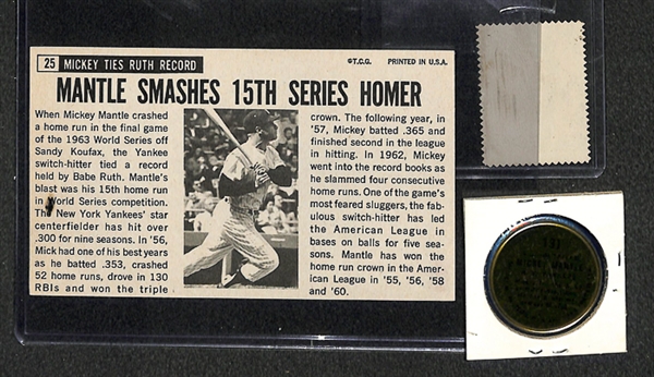 Lot of 3 Mickey Mantle Items (1964 Topps Coin, 1962 Topps Stamp, and  1964 Topps Giant)