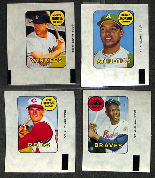 Lot of (4) 1969 Topps Decals (Mantle, Rose, Reggie Jackson Rookie, and Aaron)
