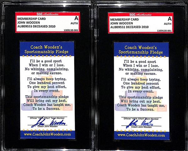 Lot of (2) John Wooden Autographed Sportsmanship Pledge Cards (SGC Certified and Slabbed)