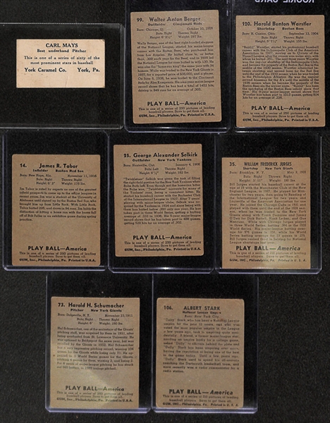 1927 E210 York Caramel Carl Mays Card & 7 - 1939 Playball Cards w. Wally Berger