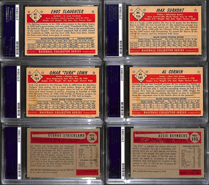 Lot of 6 1953-1954 Bowman Baseball Cards w. 1953 Color Enos Slaughter - PSA