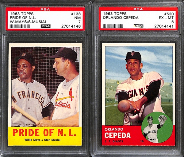Lot of 6 1963 Topps Baseball Cards w. #138 Mays/Musial - PSA