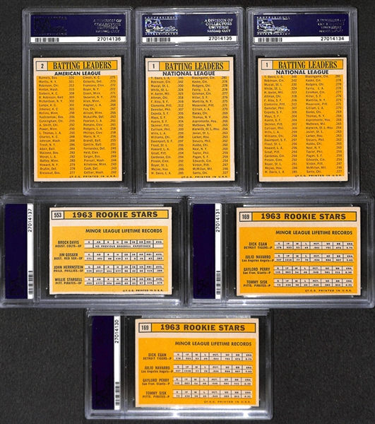 Lot of 6 1963 Topps Batting Leaders & Rookie Stars Baseball Cards w. Mickey Mantle - PSA