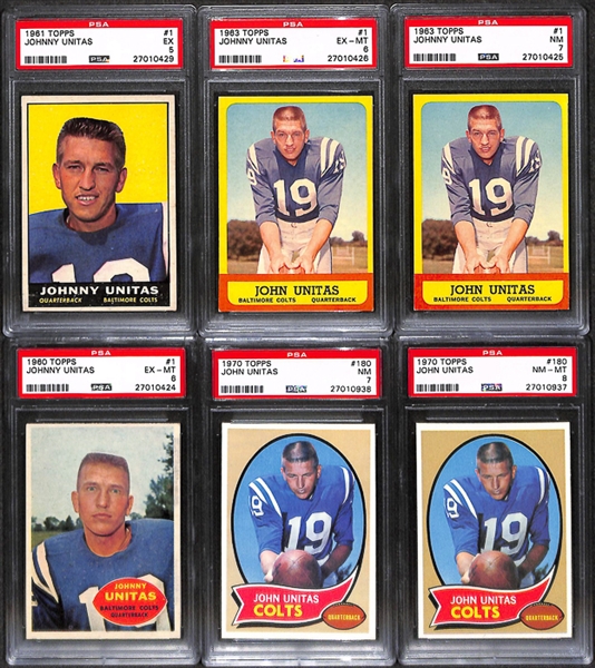 Lot of 6 1960-1970 Topps Johnny Unitas Football Cards - PSA 5/6/7/8