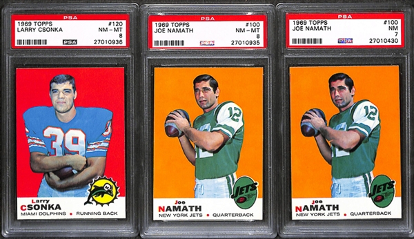 Lot of 3 1969 Topps Football Cards w. Joe Namath & Larry Csonka - PSA