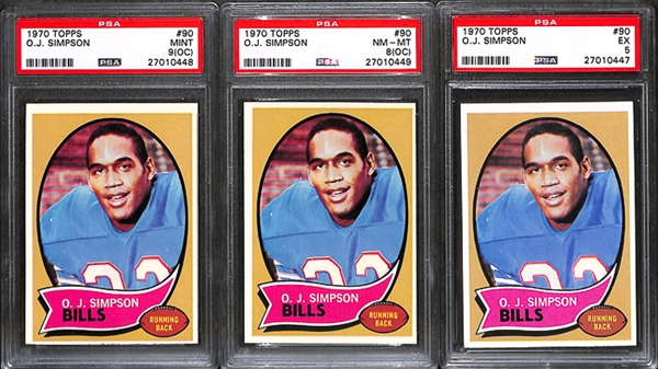 Lot of 3 1970 Topps OJ Simpson #90 Football Rookie Cards - PSA 9(OC)/8(OC)/5
