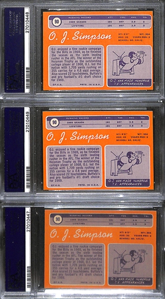 Lot of 3 1970 Topps OJ Simpson #90 Football Rookie Cards - PSA 9(OC)/8(OC)/5