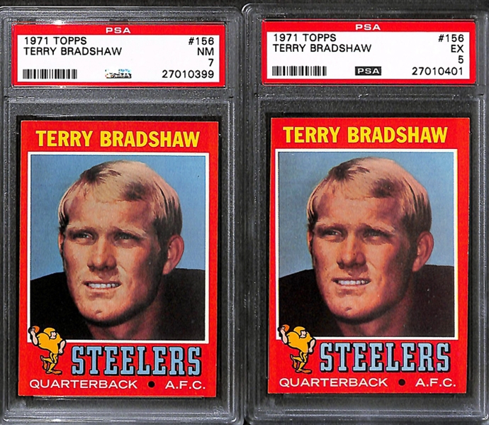 Lot of 5 1971 Topps #156 Terry Bradshaw Rookie Cards - PSA 8(OC)/7/5/4