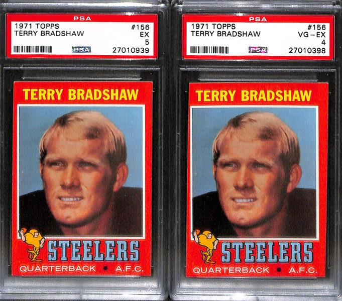 Lot of 5 1971 Topps #156 Terry Bradshaw Rookie Cards - PSA 8(OC)/7/5/4