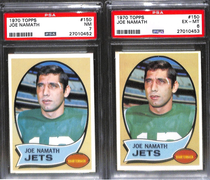 Lot of 6 1970 & 1972 Topps Joe Namath Football Cards - PSA 9/8/7/6