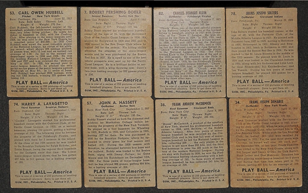 Lot of 8 1939 Playball Cards w. Carl Hubbell & Bobby Doerr