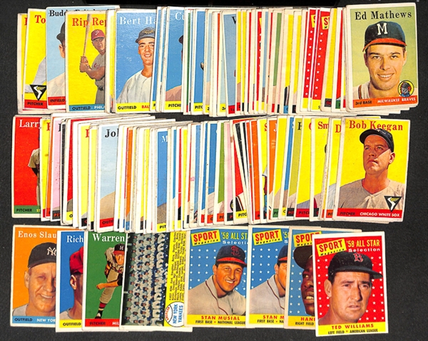 Lot of 130 - 1958 Topps Cards w. Ted Williams All Star Card