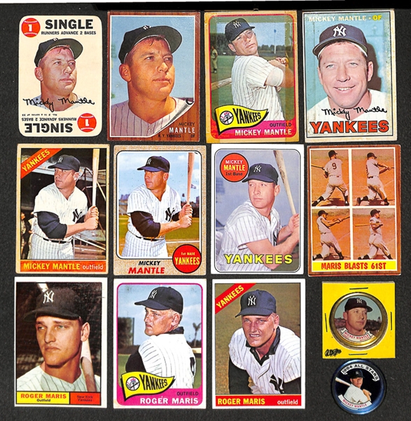 Lot Of 13 Mickey Mantle & Roger Maris Cards & Coins