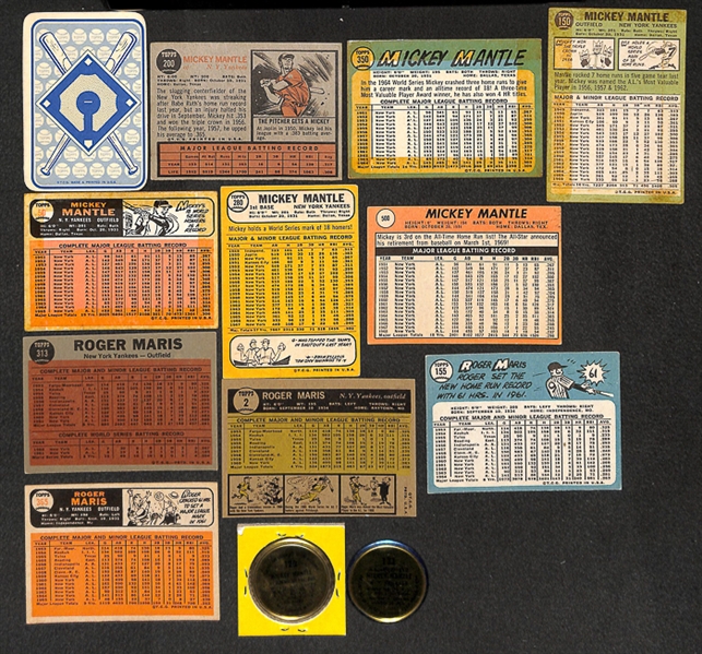 Lot Of 13 Mickey Mantle & Roger Maris Cards & Coins