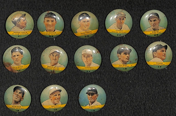 Lot of 13 - 1932 Orbit Gum Pins (PR 2) w. Pepper Martin