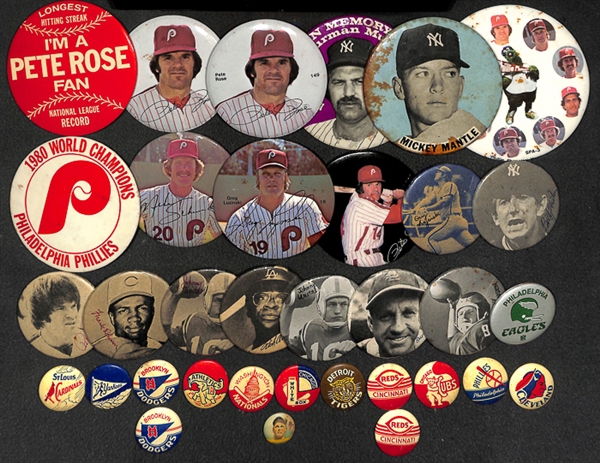 Lot of 30 Sports Pins & Buttons (Primarily Baseball) From 1950-1980