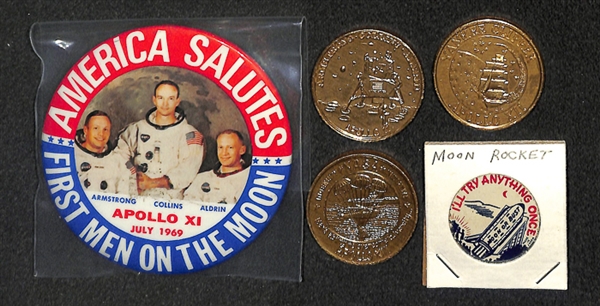 19 Assorted Pins, Buttons, & Coins Lot - Western & Space Themed - 1950s & 1960s