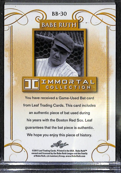 2017 Leaf Babe Ruth Immortal Collection Red Sox Bat Relic Card 9/10