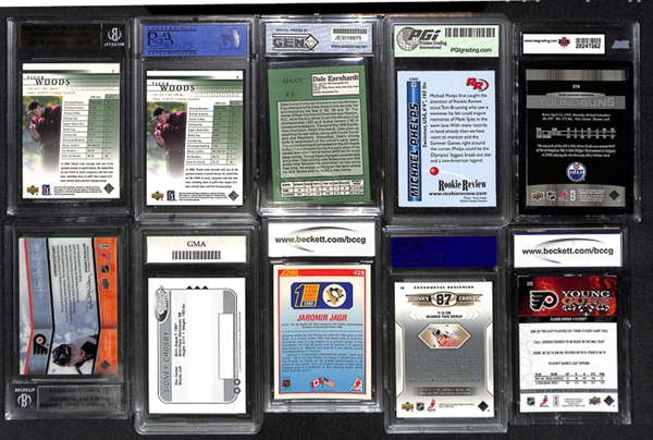 Lot Of 15 Mixed Spots Graded Cards w. Tiger Woods & Jaromir Jagr