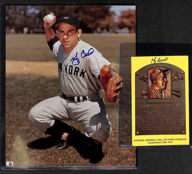 Yogi Berra Signed 8x 10 Photo and 4x 6 Plaque Card