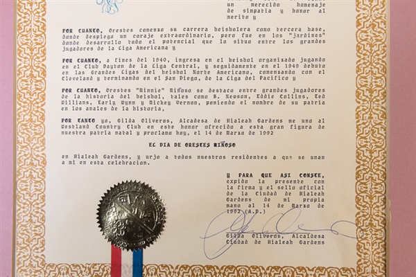 Minnie Minoso Personally Owned Proclamation Plaque