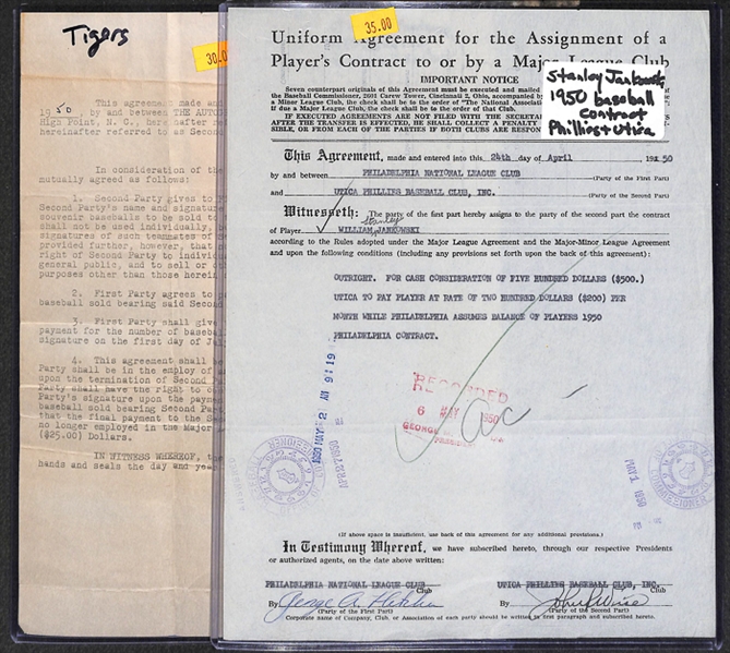 Lot Of 2 Baseball Player Signed Business Contracts