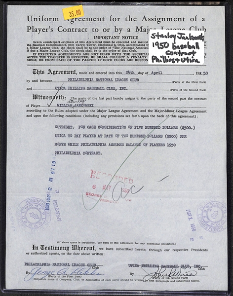 Lot Of 2 Baseball Player Signed Business Contracts
