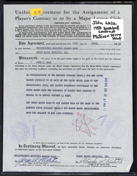 Lot Of 3 Baseball Player Signed Business Contracts