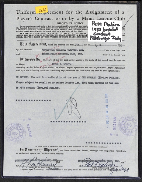 Lot Of 3 Baseball Player Signed Business Contracts