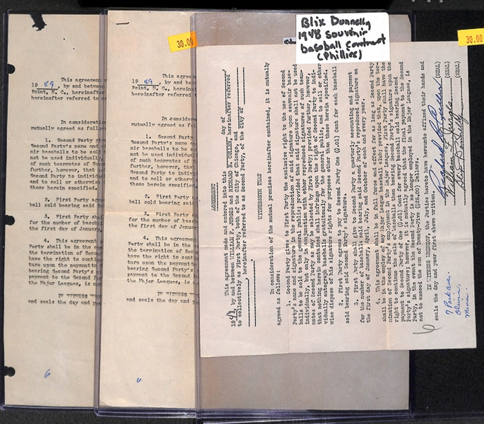 Lot Of 3 Baseball Player Signed Business Contracts