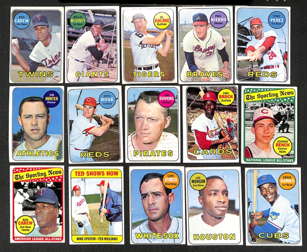Lot of 317 Different 1969 Topps Baseball Cards w. Stars Including Rod Carew