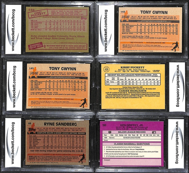 Lot Of 6 BCCG Graded Baseball Rookie Cards w. Puckett & Gwynn