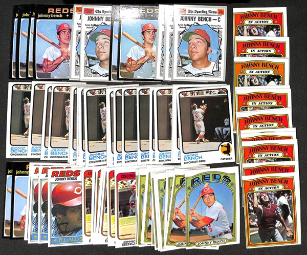 Lot of 88 Johnny Bench Topps Baseball Cards from 1970-1977
