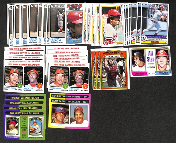 Lot of 70 Johnny Bench Topps Baseball Cards from 1972-1979