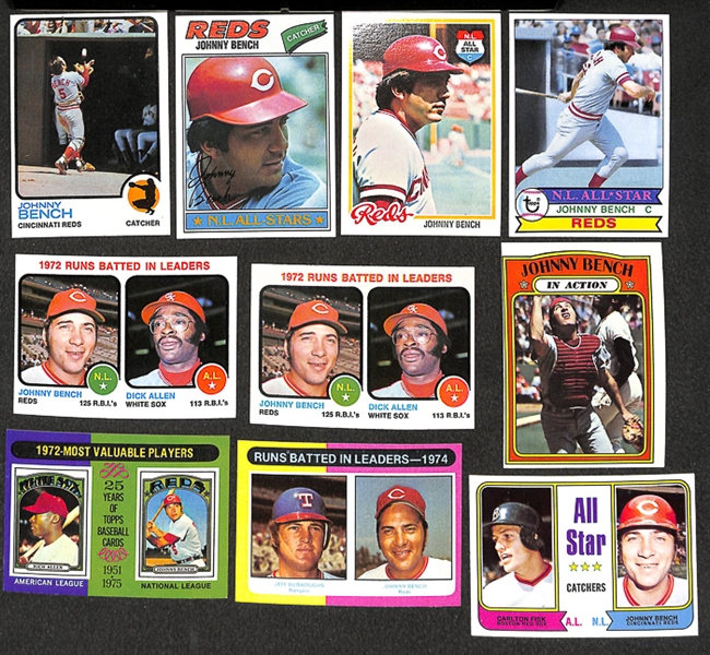 Lot of 70 Johnny Bench Topps Baseball Cards from 1972-1979