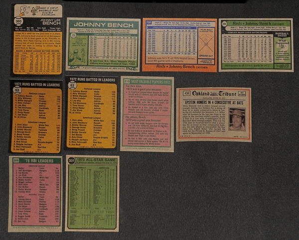 Lot of 70 Johnny Bench Topps Baseball Cards from 1972-1979