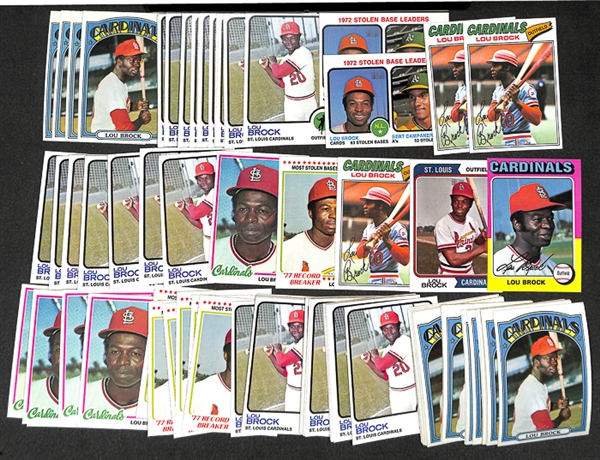 Lot of 82 Lou Brock Topps Baseball Cards from 1972-1978