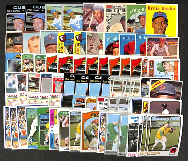 Lot of 77 Topps Baseball Star Cards of Ashburn, Banks, Brock, Fingers, Hunter, & McCovey From 1957-1979