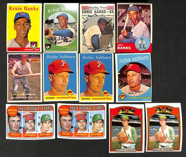 Lot of 77 Topps Baseball Star Cards of Ashburn, Banks, Brock, Fingers, Hunter, & McCovey From 1957-1979