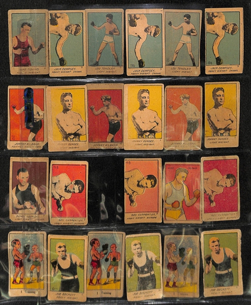 Lot of 19 Assorted 1920 W516-1 Boxing Cards w. Jack Dempsey x3 & 4 Additional 1920s Boxing Strip Cards