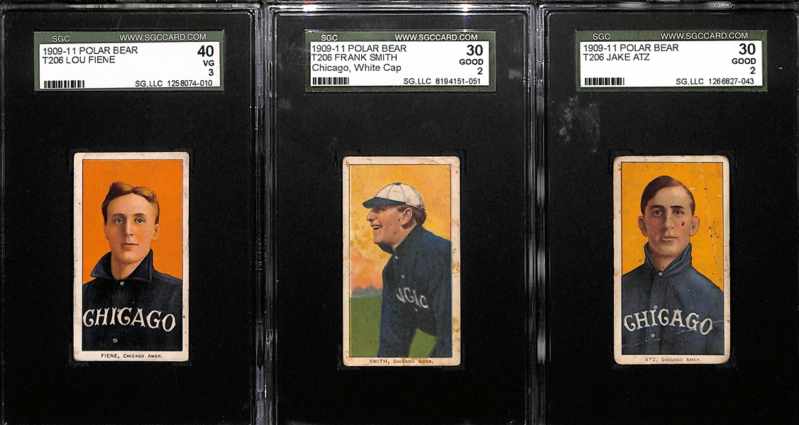 Lot of (3) SGC Graded 1909-11 T206 Chicago Black Sox  (AL) Polar Bear Cards - Fiene SGC 3, F. Smith SGC 2 (white cap), Atz SGC 2